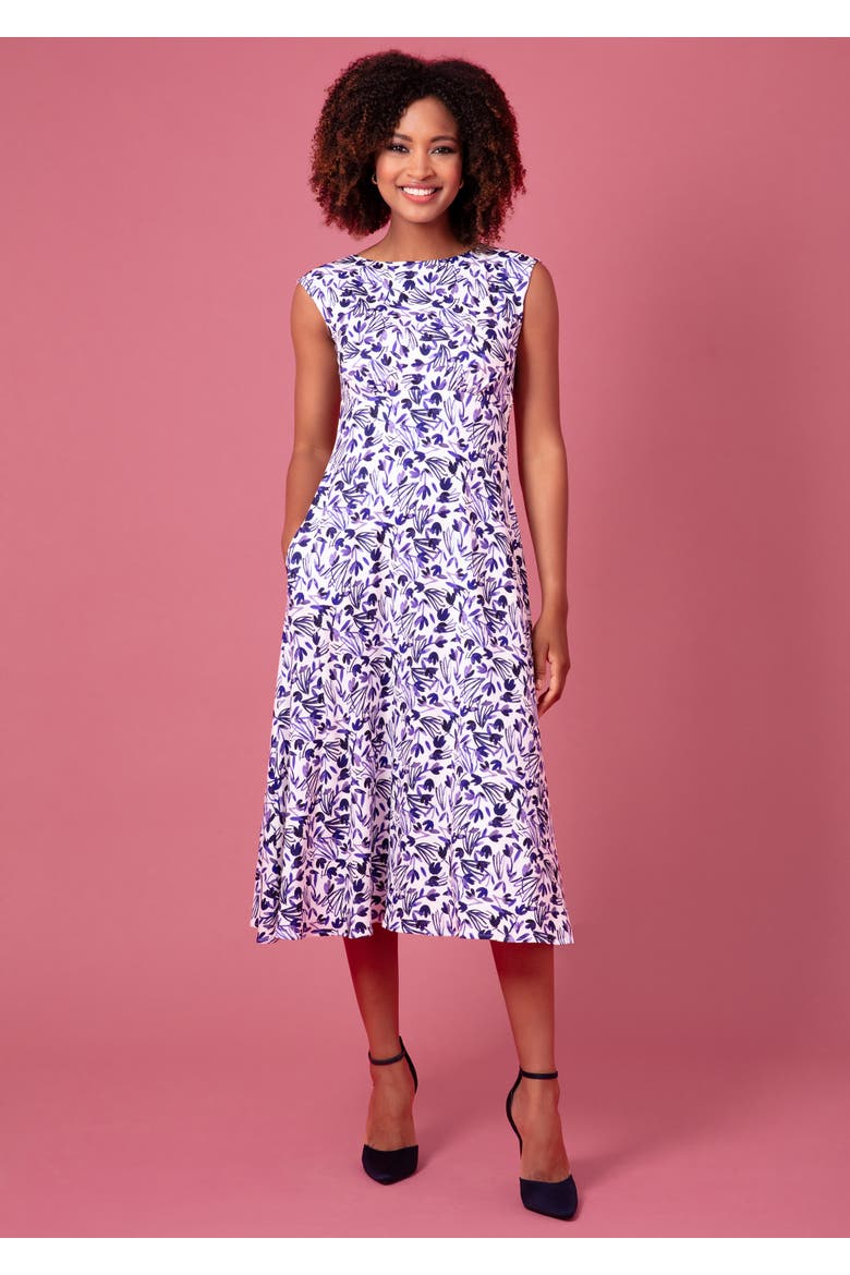 Luna Boat Neck Floral Midi Dress, Alternate, color, Indigo Ink Blue