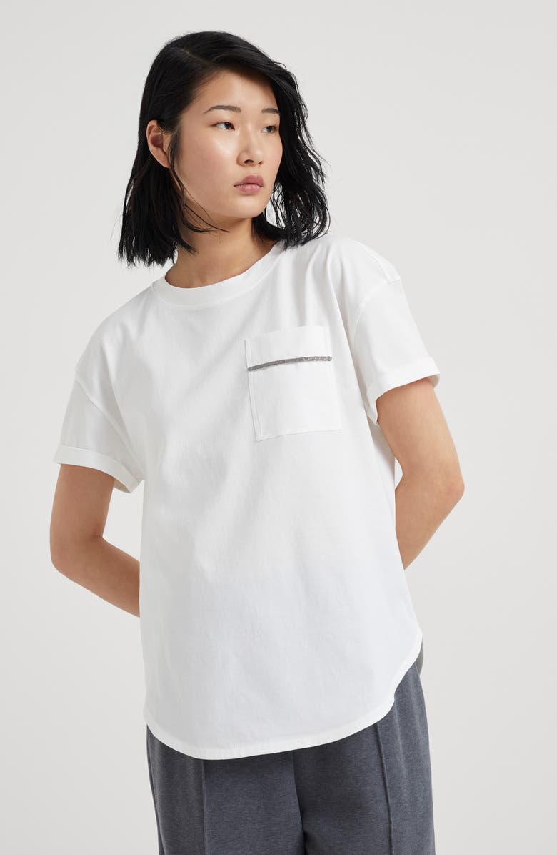 Brunello Cucinelli Cotton jersey T-shirt with shiny pocket detail, Alternate, color, 