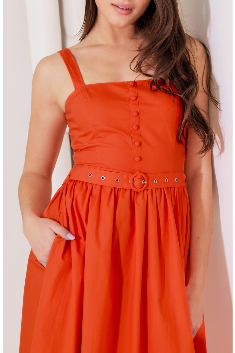 Belted Cotton Midi Dress, Alternate, color, TOMATO