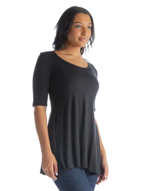 24seven Comfort Apparel Petite Elbow Sleeve Swing Crew Neck Tunic Top In Black