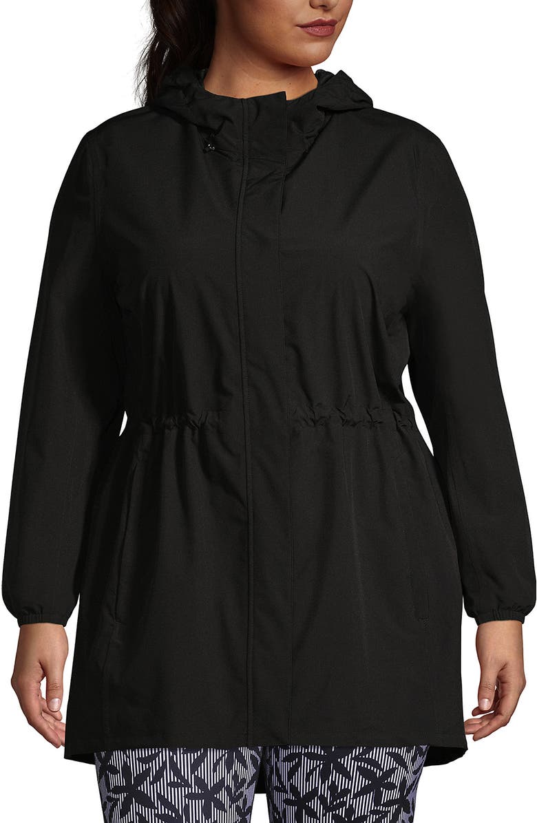 Lands' End Plus Size Print Waterproof Hooded Packable Raincoat, Main, color, Black