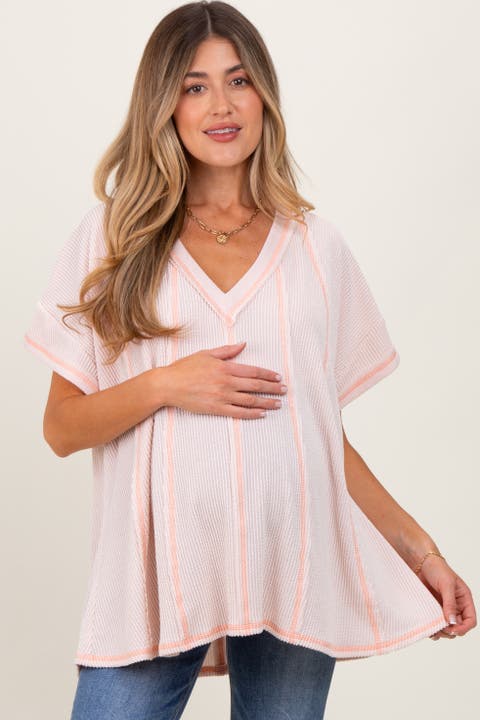 Striped Ribbed V-neck Oversized Short Sleeve Top