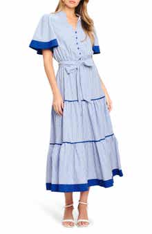 FLYING TOMATO Stripe Short Sleeve Midi Shirtdress