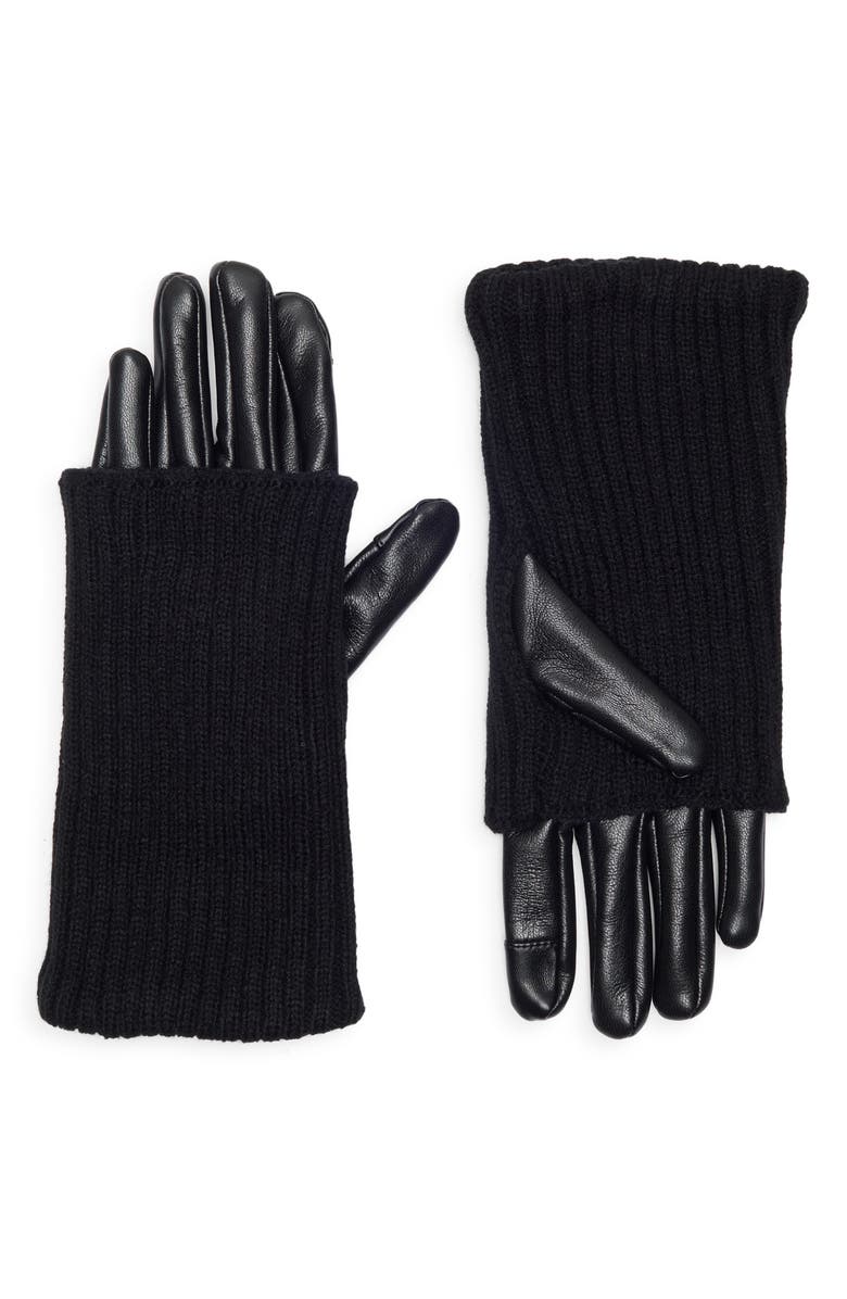 Steve Madden Rib Knit Faux Leather Gloves, Main, color, Black