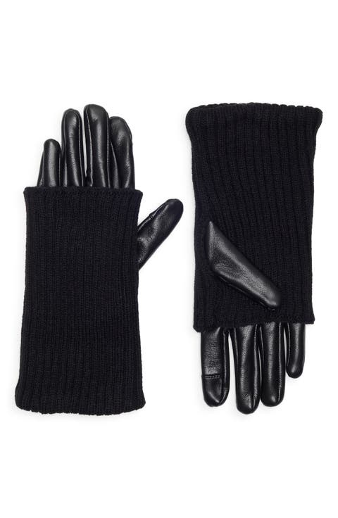Rib Knit Faux Leather Gloves