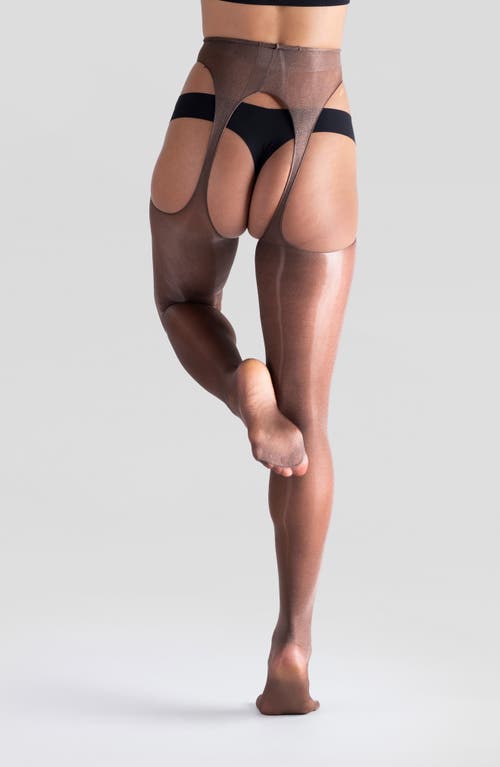 Lechery Women's Lustrous Silky Shiny Sheer Suspender Crotchless High-waist Pantyhose Tights In Cocoa