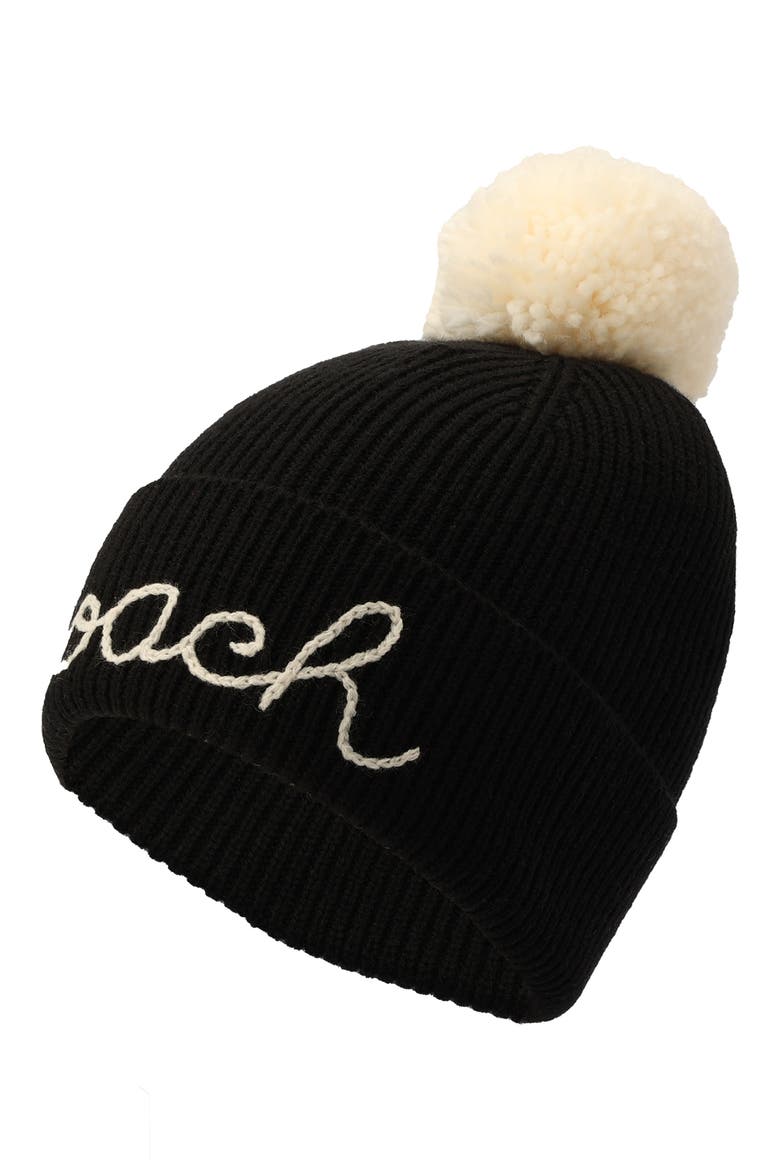 Logo Script Pompom Beanie, Alternate, color, BLACK