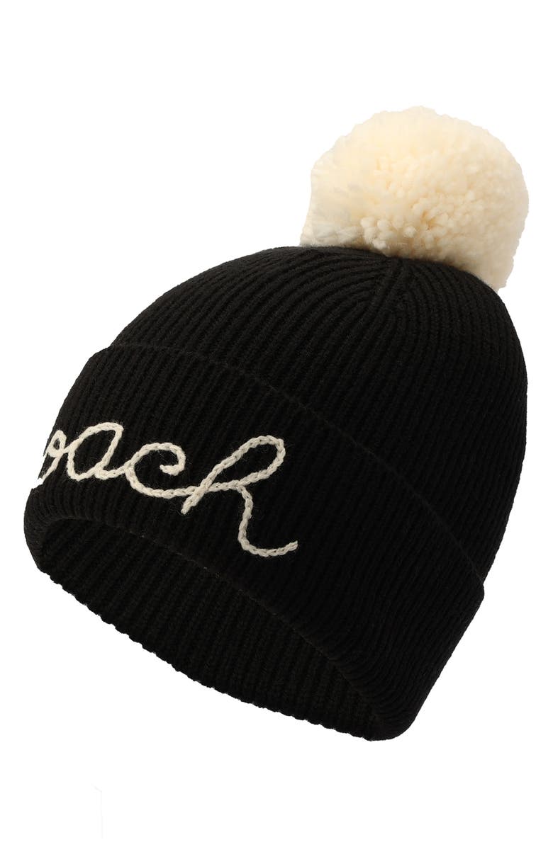 COACH Logo Script Pompom Beanie, Alternate, color,
