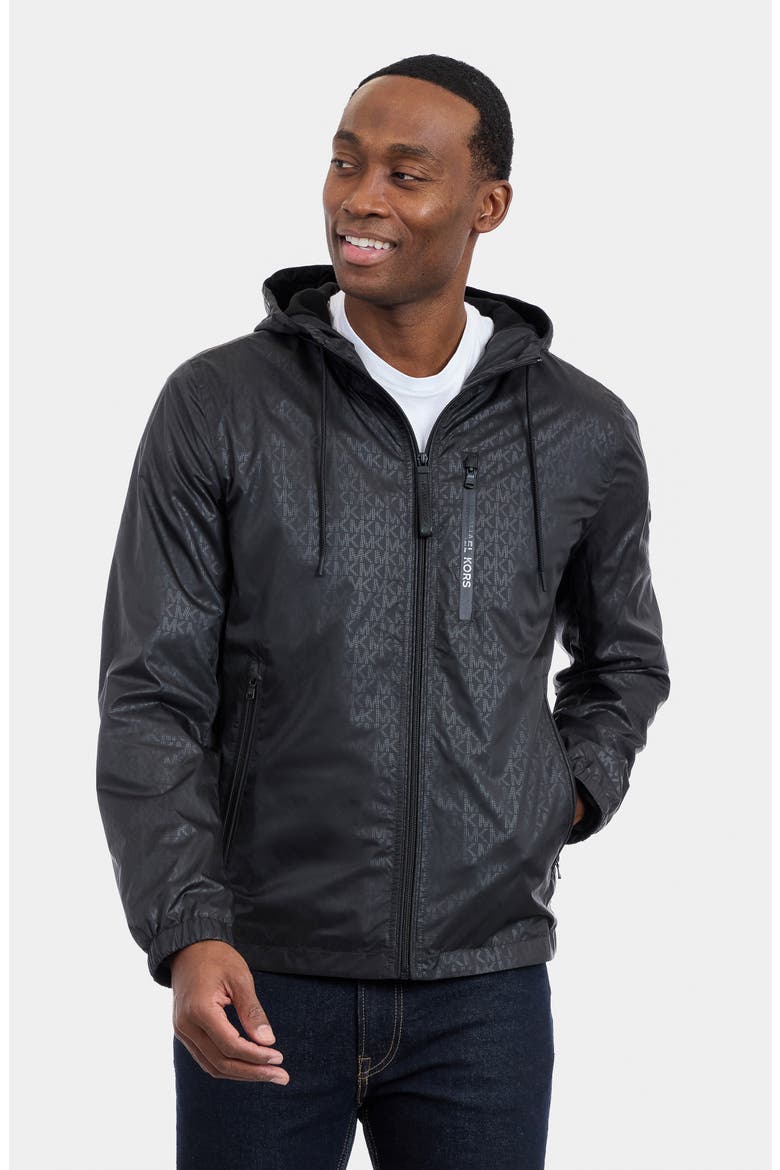 Allover Logo Print Windbreaker Jacket, Alternate, color, BLACK