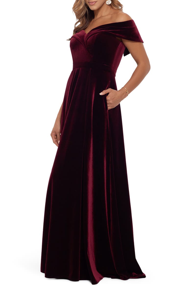 Xscape Evenings Off the Shoulder Velvet Gown, Alternate, color, 