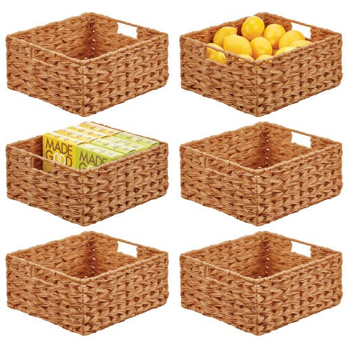 mDesign Woven Farmhouse Kitchen Pantry Food Storage Basket Box, 6 Pack, Camel in Brown 