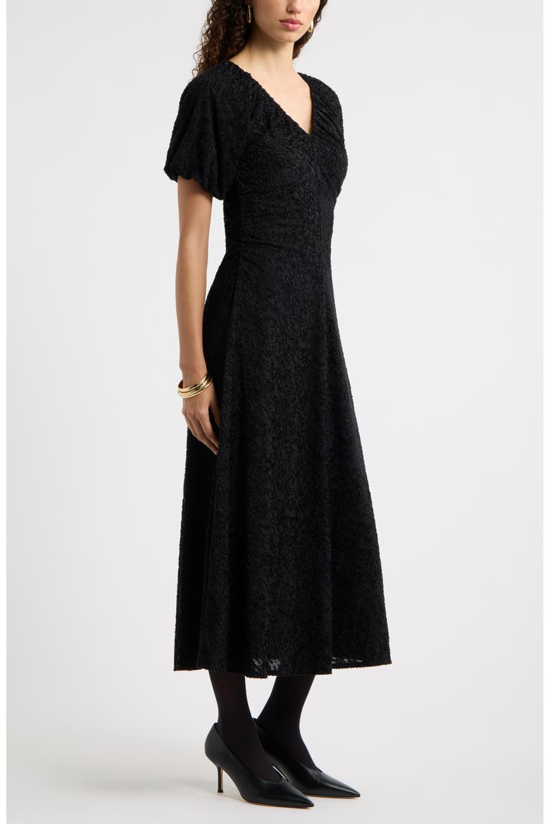 Ruched V-Neck Textured Knit Midi Dress, Alternate, color, BLACK