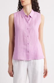 Eileen Fisher Classic Sleeveless Organic Linen Button-Up Shirt