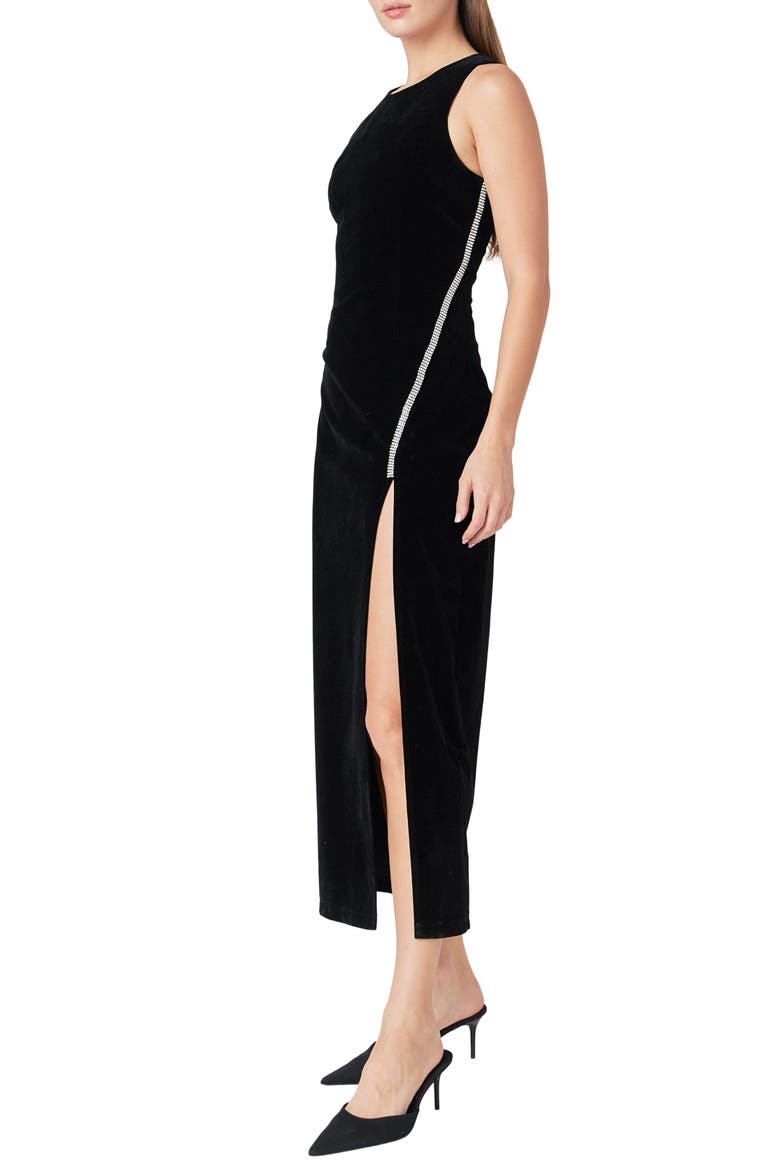 Jewel Trim Sleeveless Velvet Maxi Dress, Alternate, color, BLACK