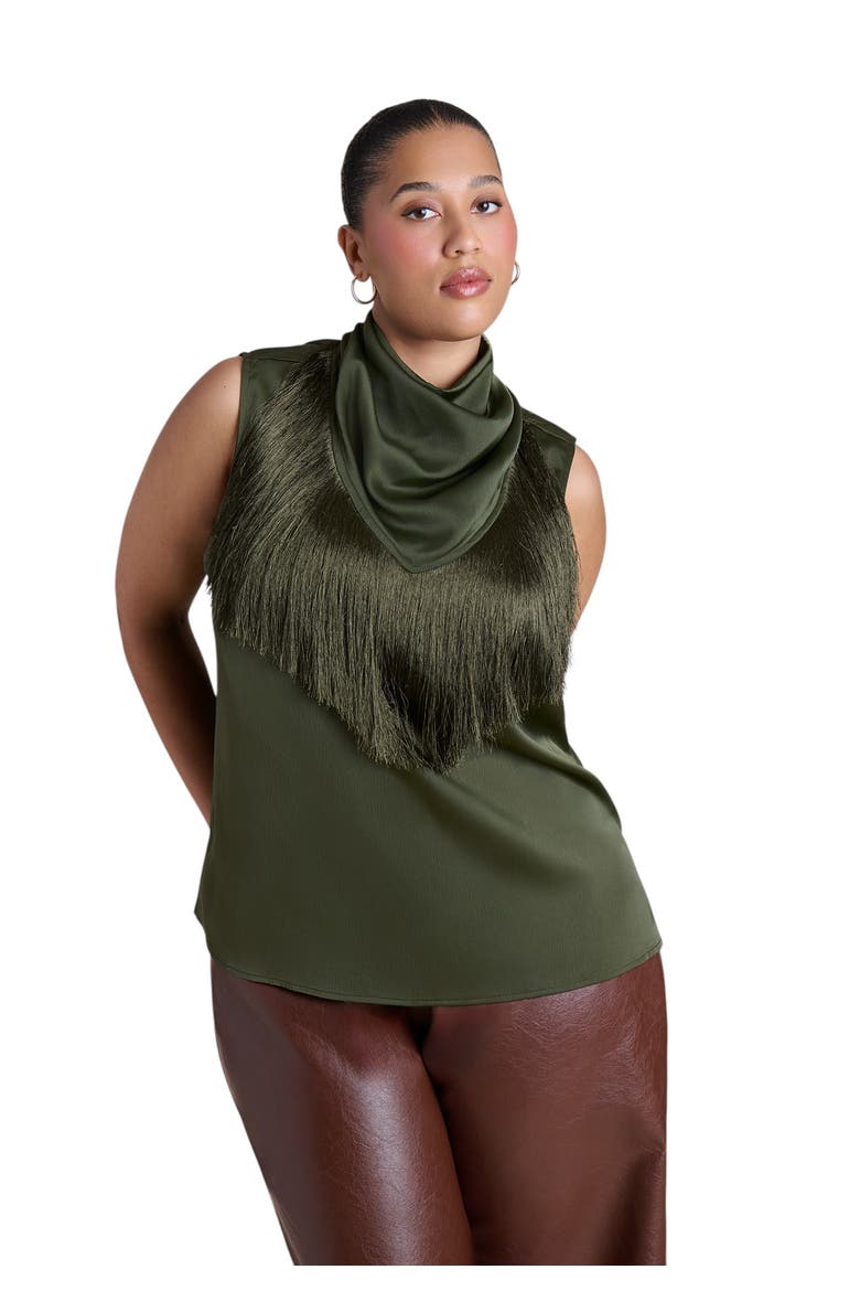 Satin Fringed Scarf Top, Main, color, GARDEN OLIVE
