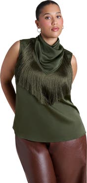 ELOQUII Satin Fringed Scarf Top