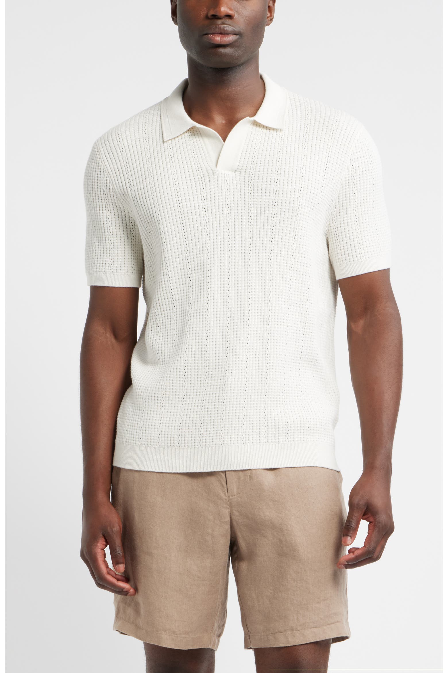 Textured Johnny Collar Cotton & Silk Polo Sweater