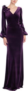 Badgley Mischka Collection Floral Appliquéd Stretch Velvet Gown