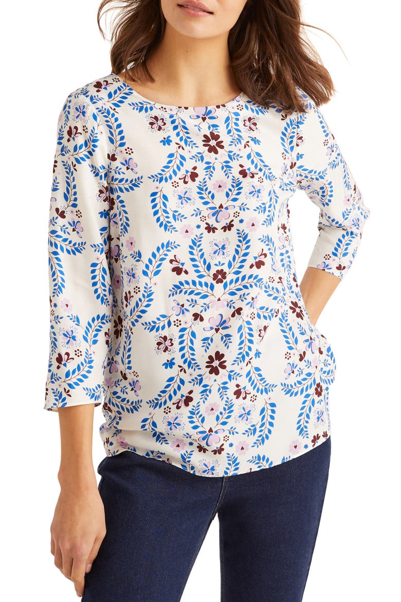 Nadine Printed Top, Alternate, color, IVORY AND BOLD BLUE JOLIE