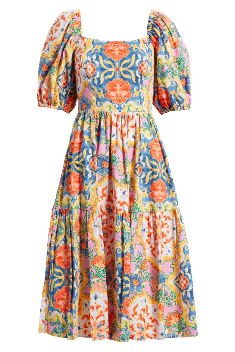 Print Square Neck Puff Sleeve Midi Dress, Alternate, color, BLUE MULTI