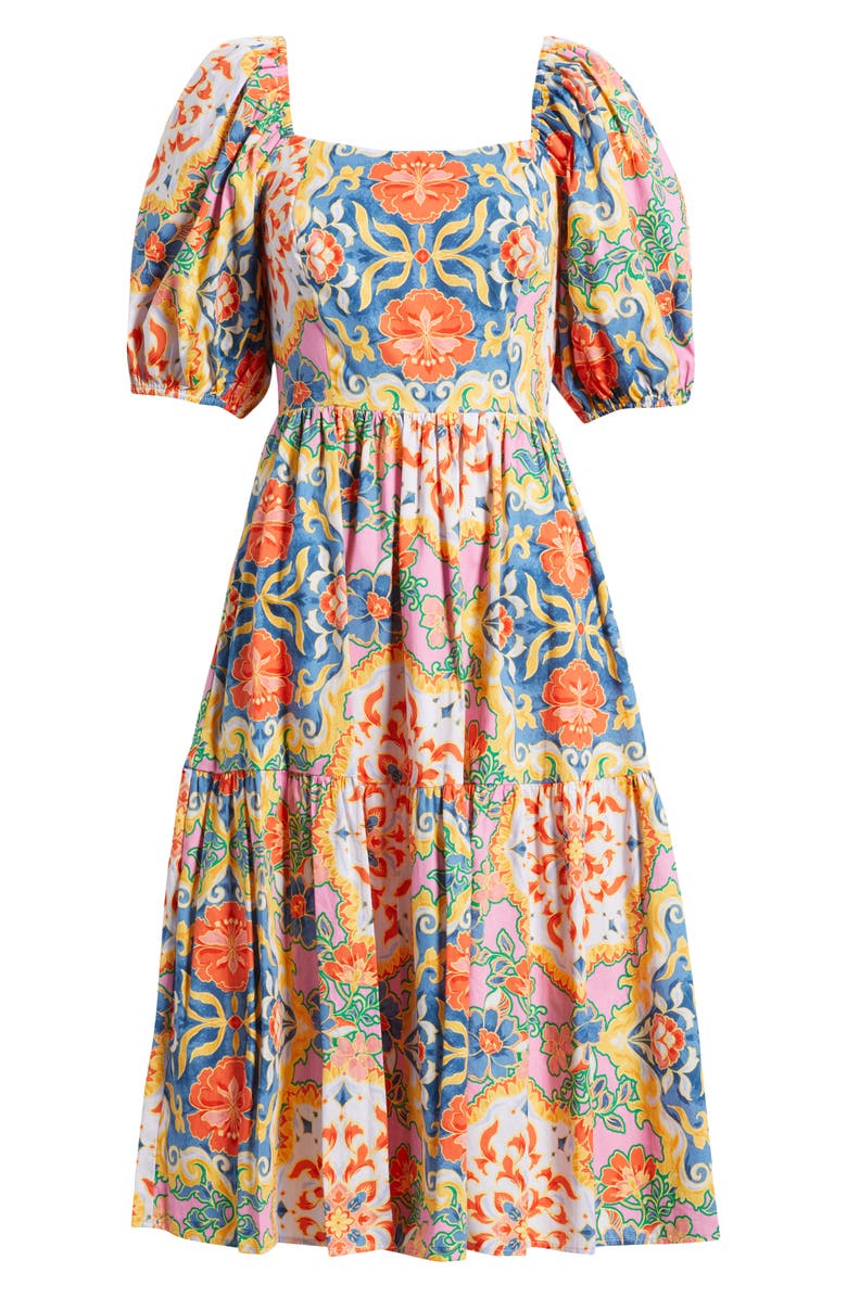 Vince Camuto Print Square Neck Puff Sleeve Midi Dress, Alternate, color, Blue Multi