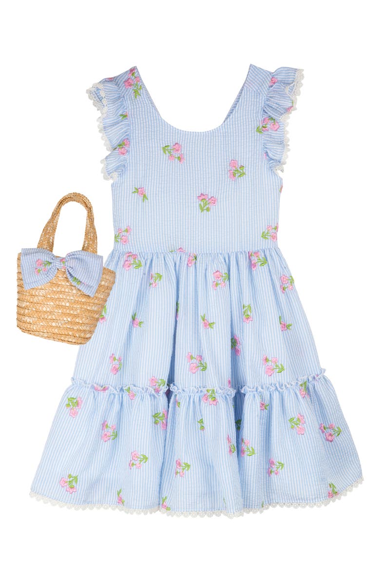 Rare Editions Kids' Floral Embroidered Seersucker Sundress & Tote, Alternate, color, 