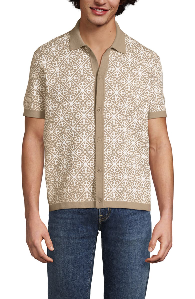 Lands' End Short Sleeve Tile Jacquard Button Down Sweater Polo, Main, color, Khaki /Vanilla Tile