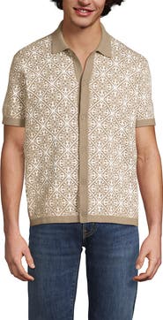 Lands' End Short Sleeve Tile Jacquard Button Down Sweater Polo