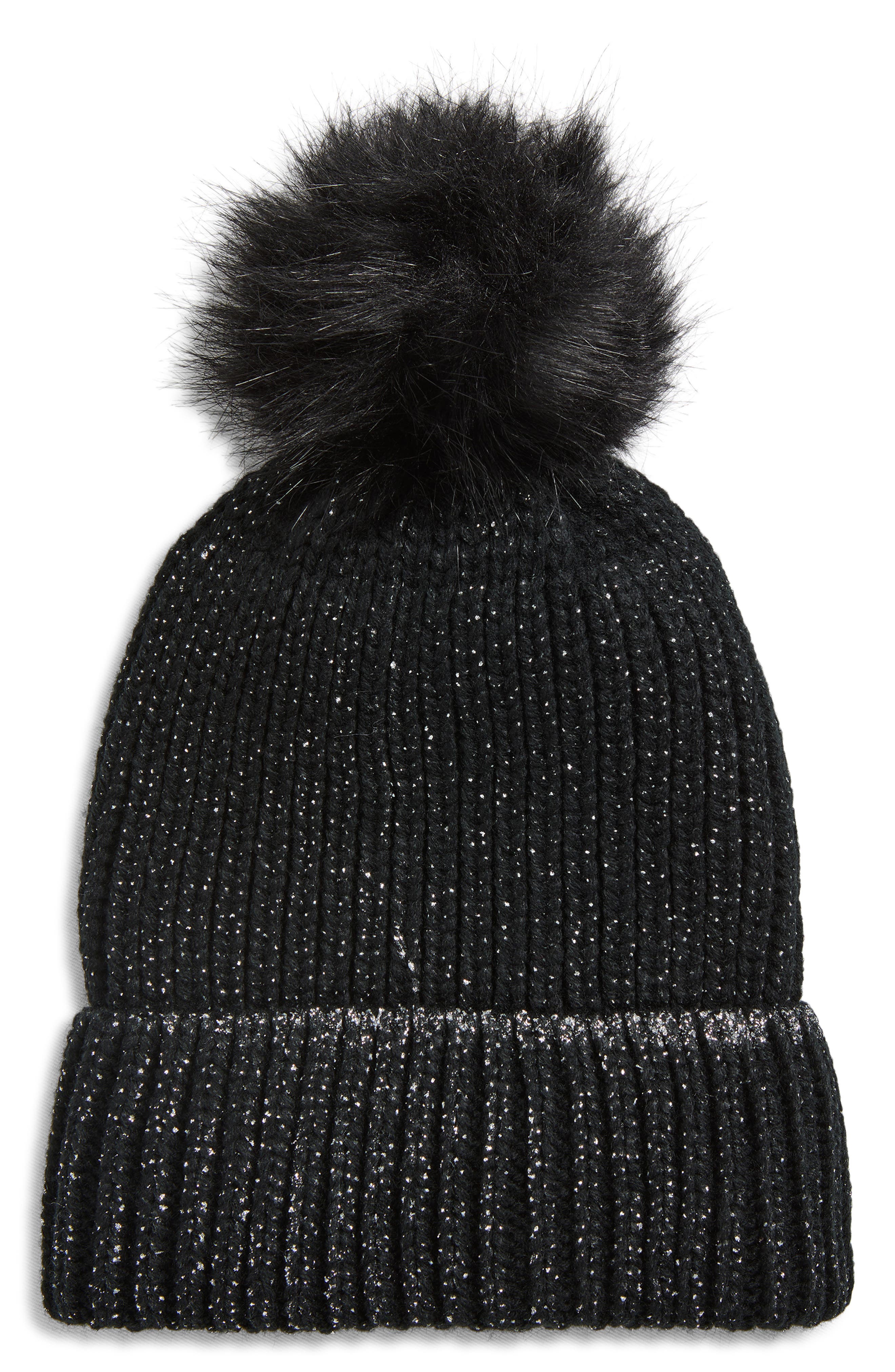 Tasha Faux Fur Pom Sparkle Beanie
