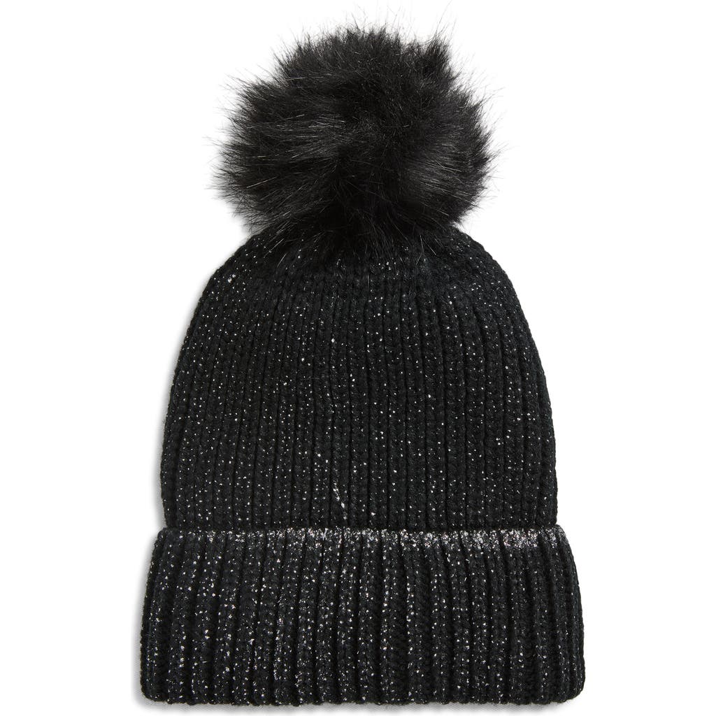 Tasha Faux Fur Pom Sparkle Beanie In Black