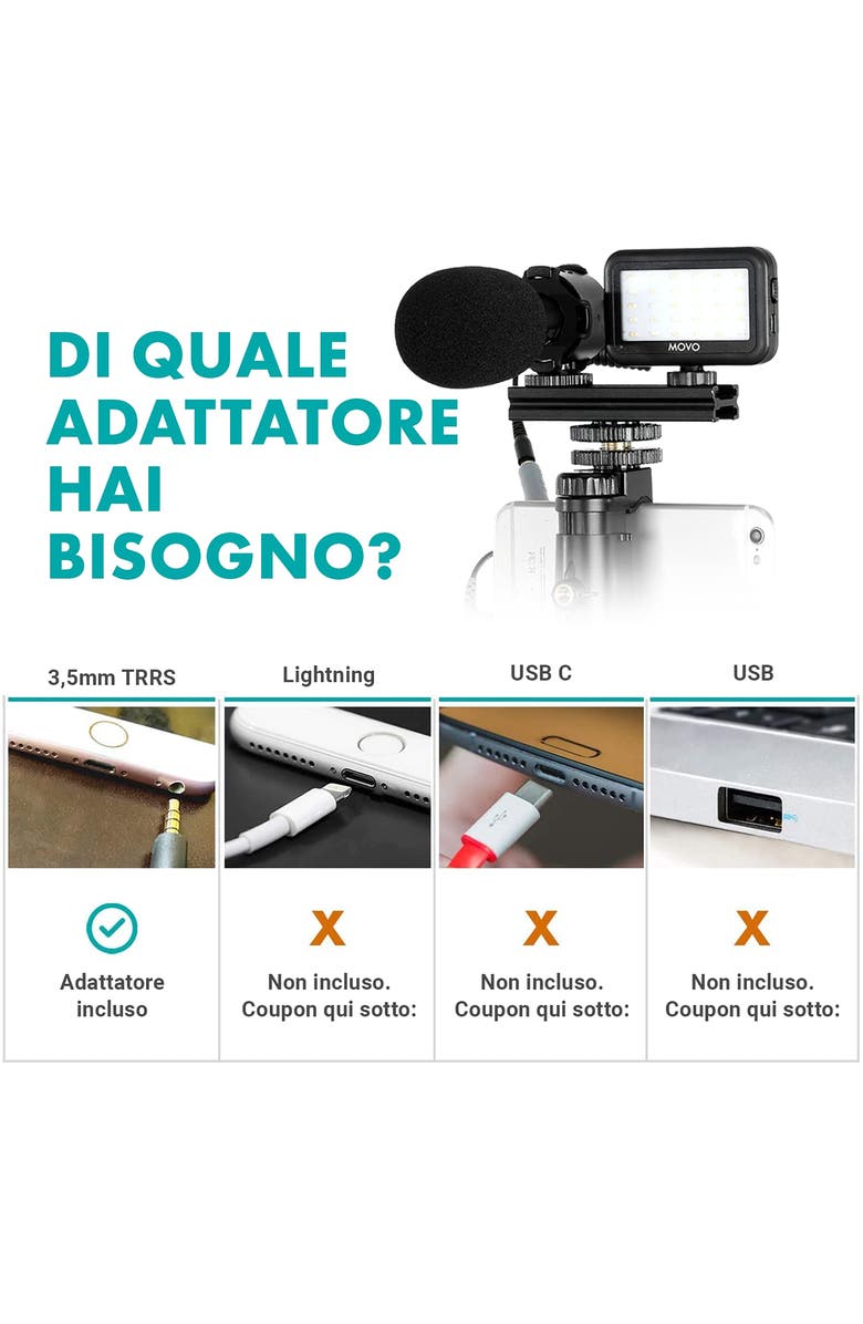 MOVO V7+ YouTube Starter Kit - Vlogging Kit for iPhone with Tripod, Grip, Stereo Microphone, LED Light and Remote, Alternate, color, Black