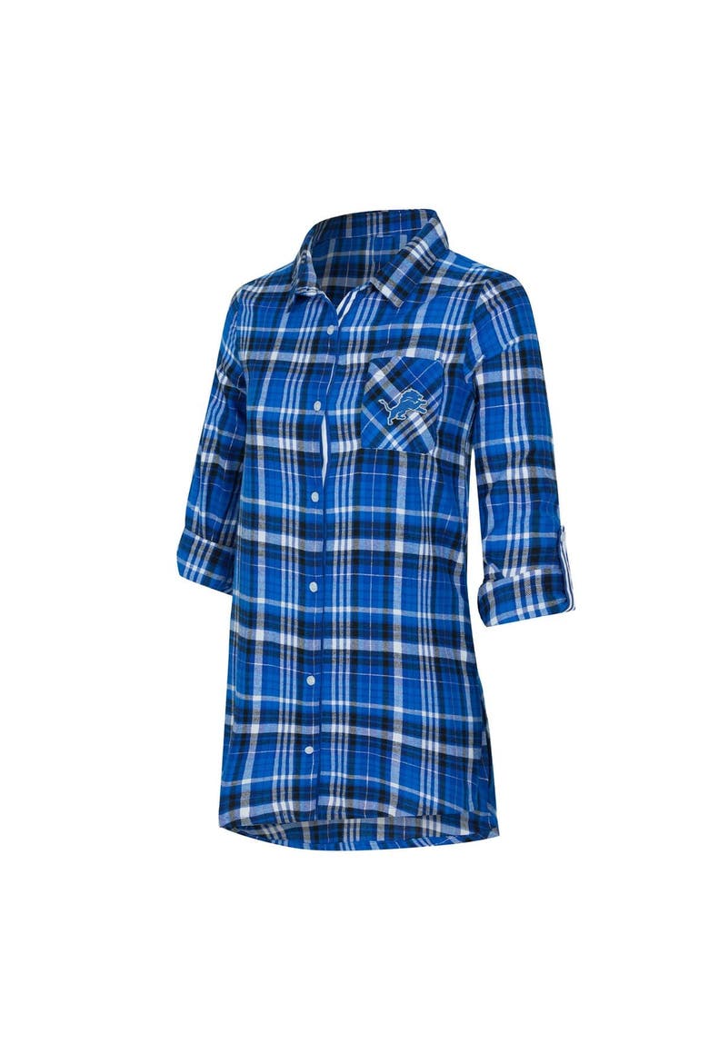 Women's Concepts Sport Blue Detroit Lions Laney Plaid Tri-Blend Full-Button Nightshirt, Alternate, color, Blue