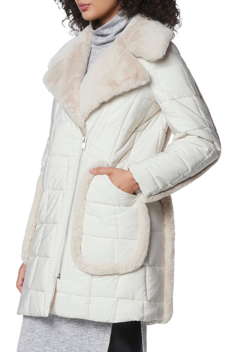 Andrew Marc Astor Quilted Faux Shearling Trim Coat, Alternate, color, Birch