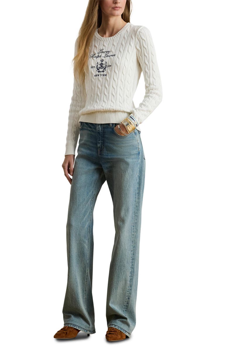 Lauren Ralph Lauren Cable Knit Embroidered Sweater, Alternate, color, White