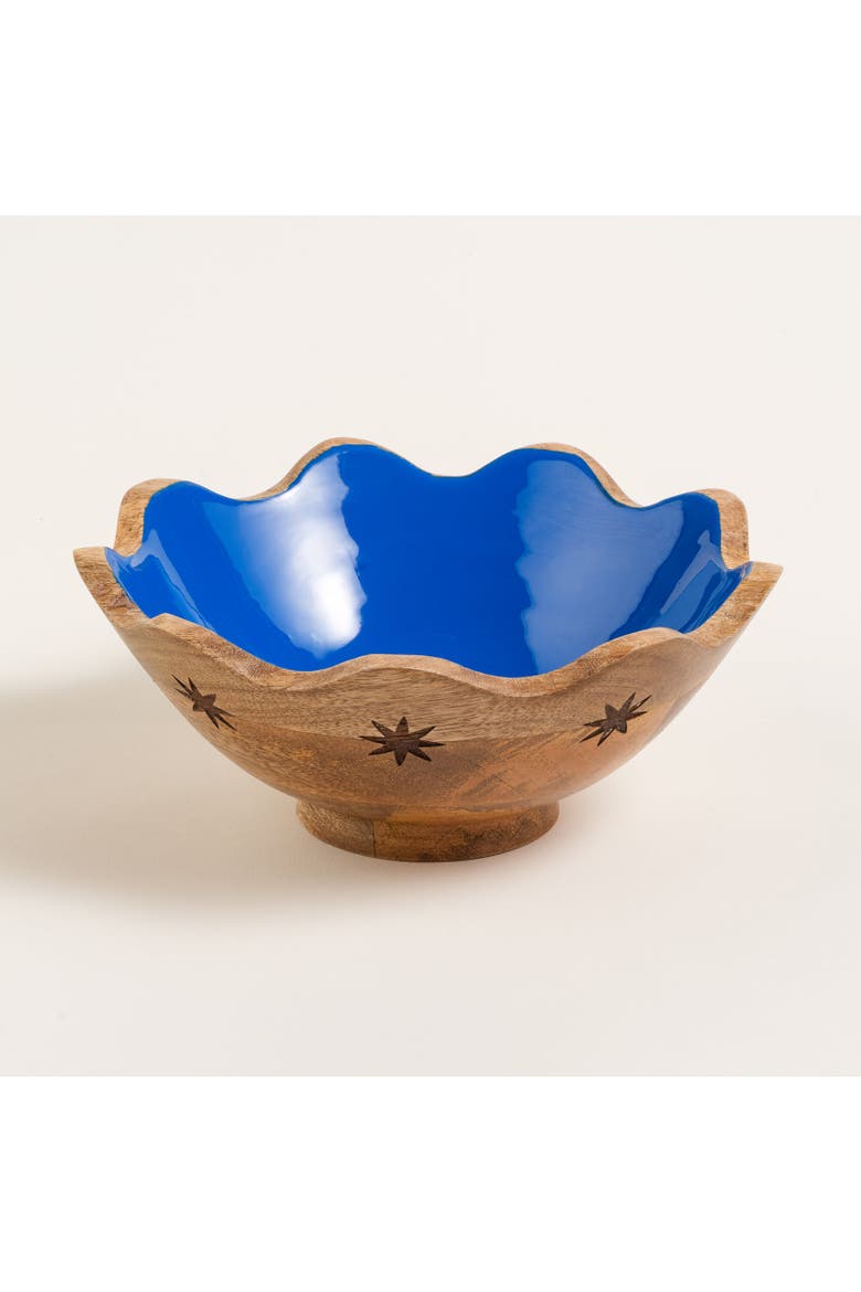 Lakri Carved Mango Wood Bowl 8.5" x 8.5" | Artisan Ceramic, Main, color, Blue