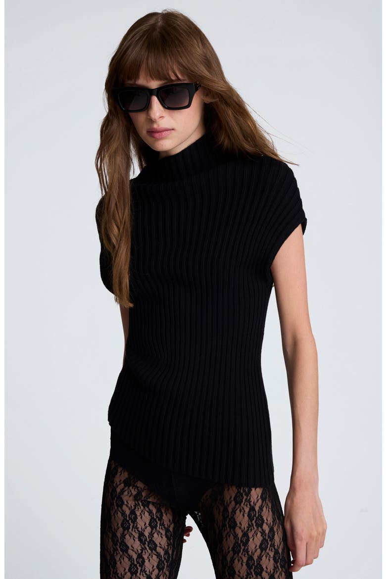 Ribbed Mock Neck Asymmetric Hem Top, Alternate, color, BLACK