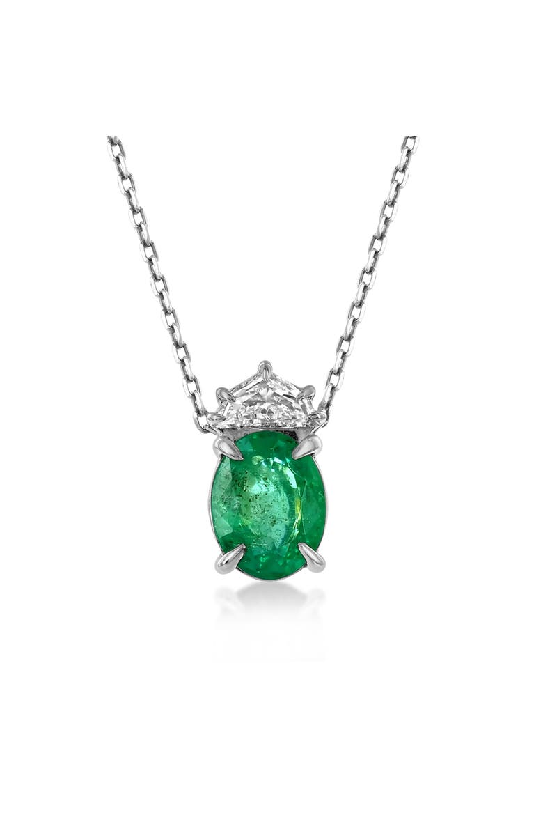 14K Gold 1.53cttw Oval-Cut Emerald & 0.24cttw Chevron-cut Diamond Pendant Necklace, Main, color, Green