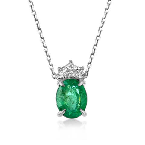 14K Gold 1.53cttw Oval-Cut Emerald & 0.24cttw Chevron-cut Diamond Pendant Necklace