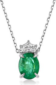 SOUZANA by Suzy Levian 14K Gold 1.53cttw Oval-Cut Emerald & 0.24cttw Chevron-cut Diamond Pendant Necklace