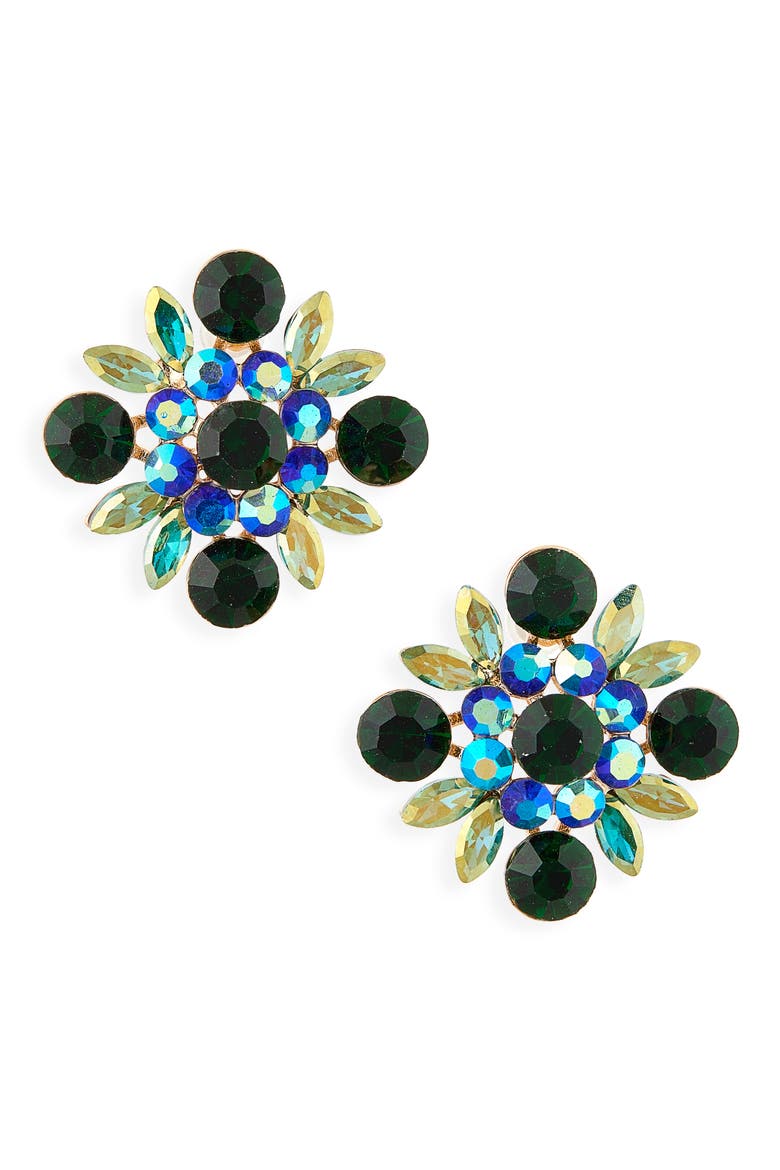 Crystal Flower Stud Earrings, Main, color, GREEN COMBO