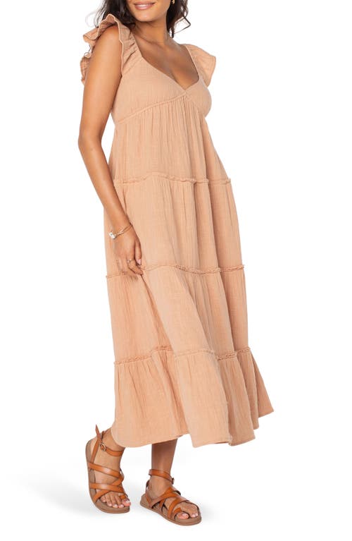 Roxy Palmy Days Tiered Cotton Midi Dress In Praline Solid Stamp