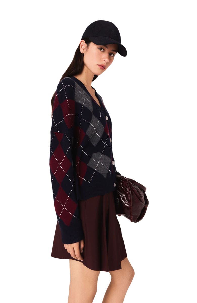 maje Cropped argyle pattern cardigan, Alternate, color, Navy