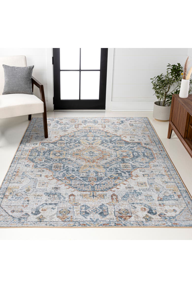 Shaemus Bohemian Medallion Low-Pile Machine-Washable Area Rug, Alternate, color, Cream/Blue/Terra