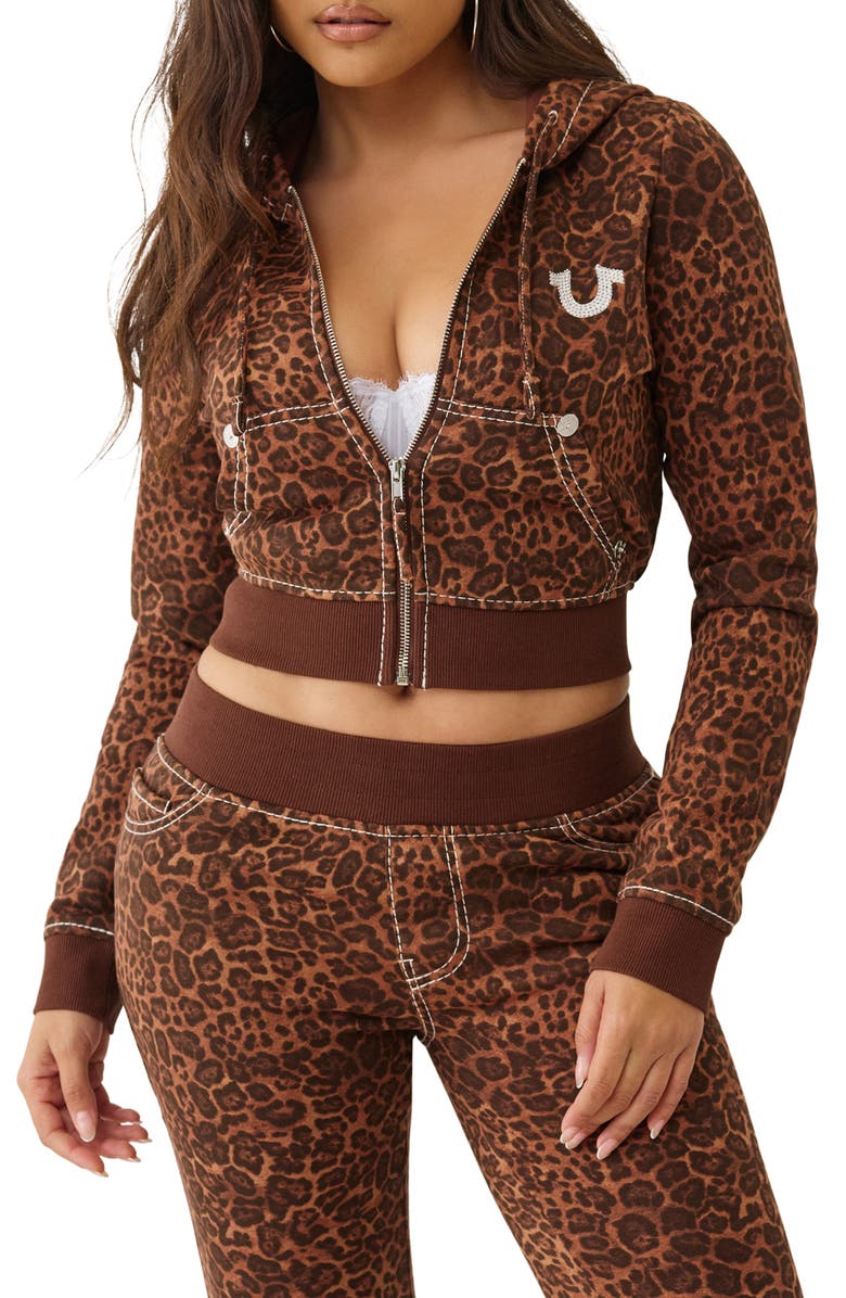 True Religion Leopard Print Embellished Shrunken Zip Hoodie, Main, color, Leopard
