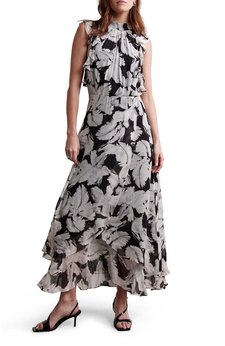 MINT VELVET Feather Print Midi Dress, Main, color, Black