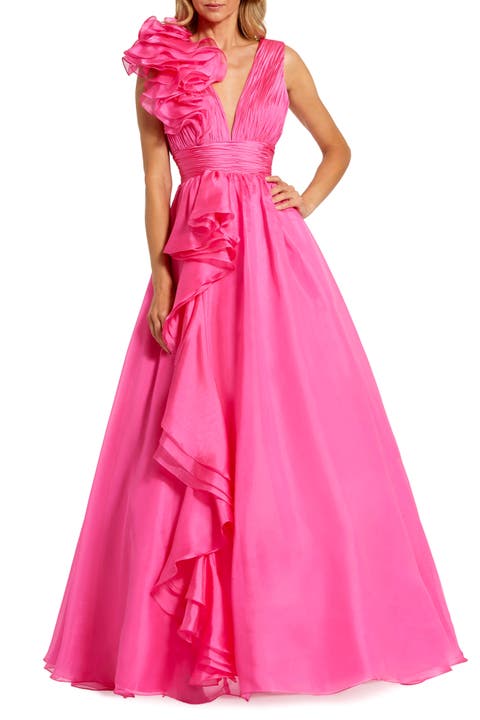 Petite Ruffle Shoulder V-Neck Chiffon Gown