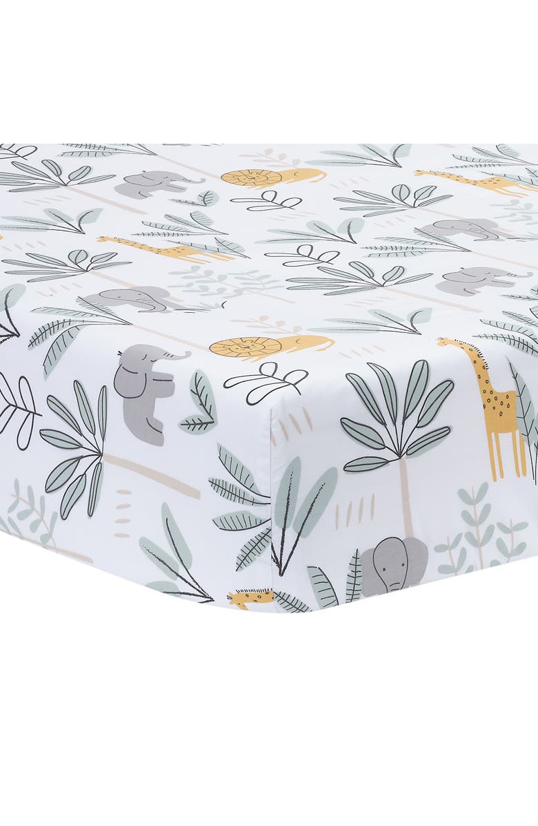 Lambs & Ivy Jungle Adventure 100% Cotton Baby/Toddler Fitted Crib Sheet, Main, color, White Multi