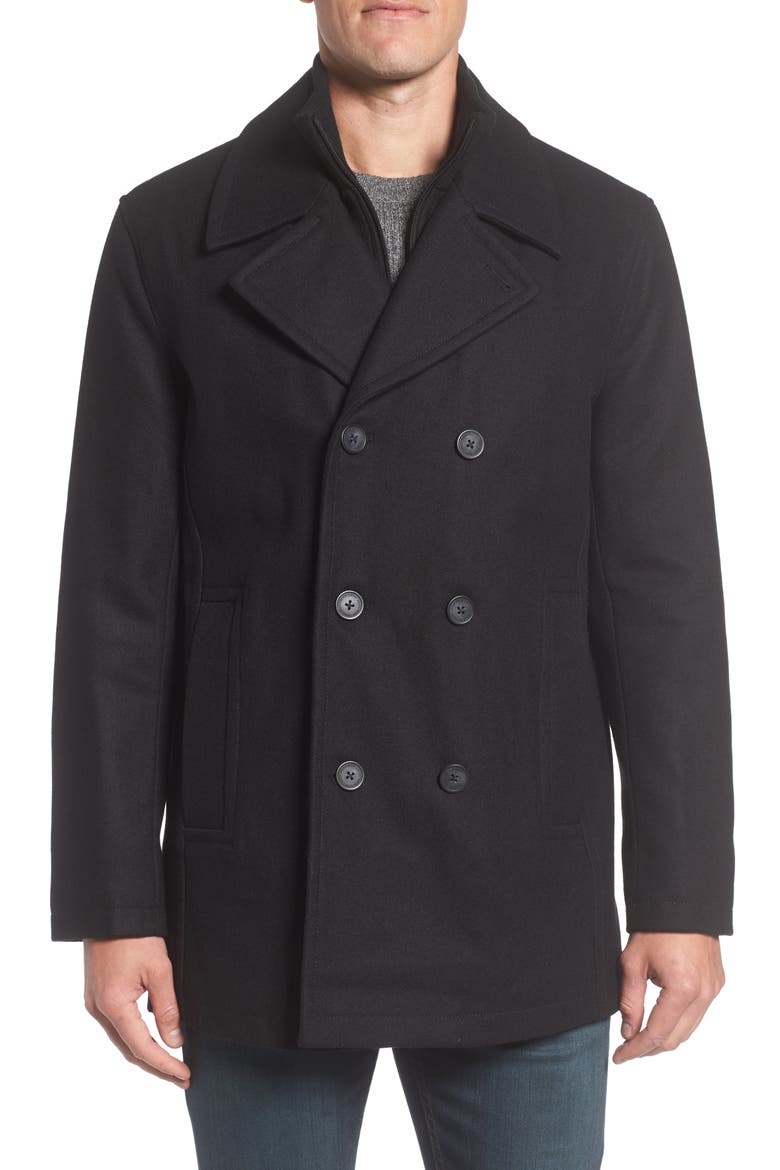 Burnett Wool Blend Peacoat with Front Insert, Alternate, color, BLACK