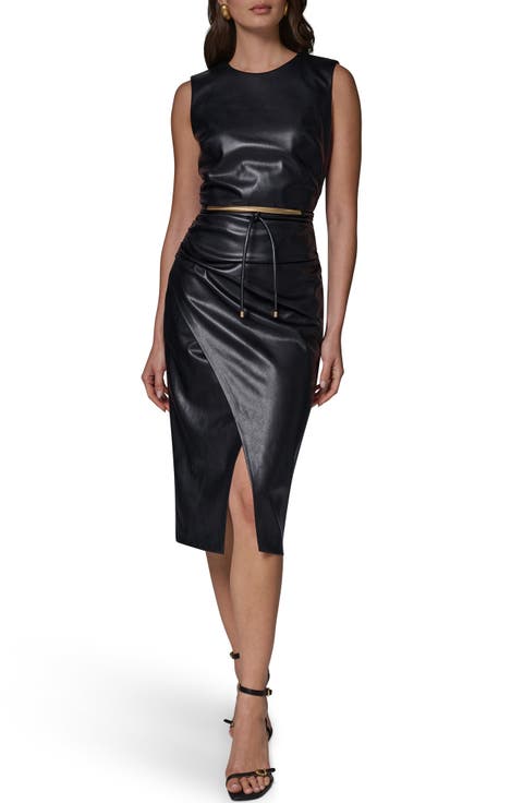 Faux Leather Belted Midi Dress