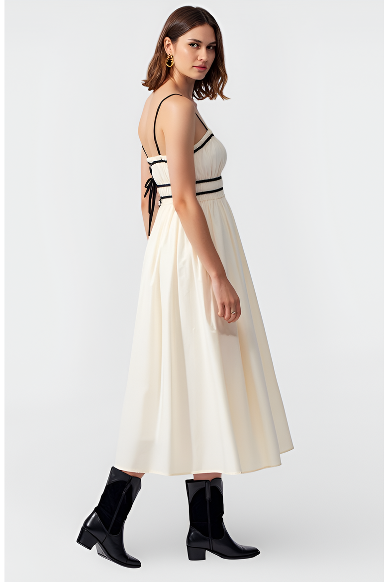 Smocked Waist Midi Dress with Contrast Trim and Spaghetti Straps, Alternate, color, Ivory / Black